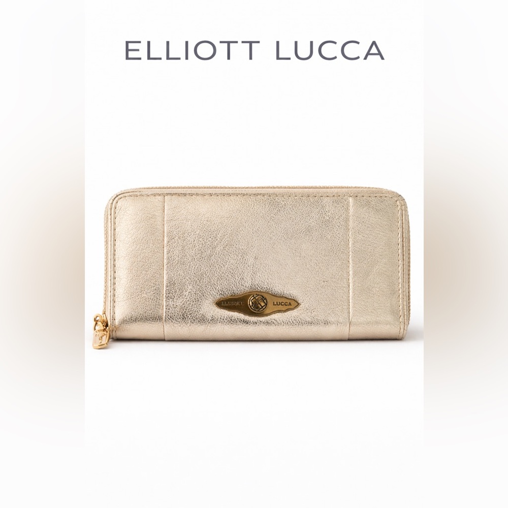 Elliott Lucca Metallic Gold Leather Wallet Clutch Zip Around NWOT